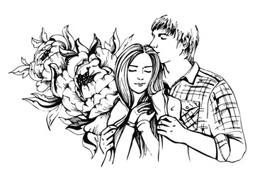 Fototapeta na wymiar Young couple in love. Sensual sketch portrait of young stylish fashion couple. Embraces of a loving couple, couple hugging and flirting. Hand drawn vector illustration