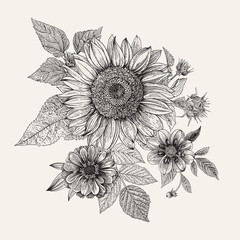 Vintage florale Komposition. Herbst. Sonnenblume, Dahlie und Zinnie. Schwarz und weiß © OlgaKorneeva