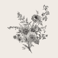 Autumn flowers. Classic flower arrangement. Vector botanical floral illustration. Black and white
