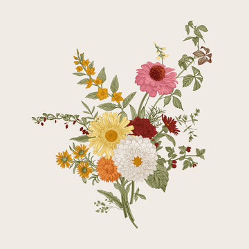 ..Autumn flowers. Classic flower arrangement. Vector botanical floral illustration. Colorful.