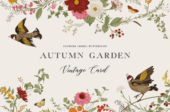 Autumn Garden, Vector horizontal card, Vintage floral elements, Flowers, birds, butterflies