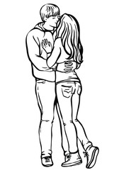 Fototapeta na wymiar Young couple in love.Sensual sketch portrait of young stylish couple. Embraces of a loving couple, couple hugging and flirting, kissing. Hand drawn illustration.