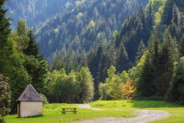 Fantastic trekking of the beautiful French Alps with majestic peaks of rocky mountains.