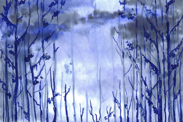 Hand drawn ink watercolor misty natural landscape. Fairytale night forest, blue fog, tree silhouettes, sky with clouds, rainy weather.