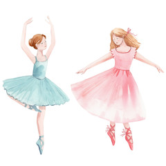 Watercolor cute dancing girls ballet nutcracker ballerina clip art isolated illustrations - obrazy, fototapety, plakaty