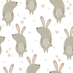 Obraz premium Bunnies and hearts hand drawn backdrop. Colorful seamless pattern with animals. Decorative cute wallpaper, good for printing. Overlapping background vector. Design illustration, rabbits