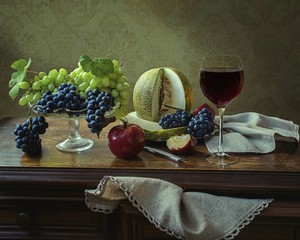 Still life with grapes and melon