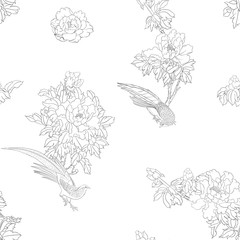 Peony tree branch with flowers with pheasants in the style of Chinese painting on silk Seamless pattern, background. Outline hand drawing vector illustration..