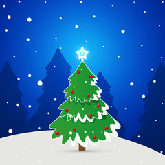 Cartoon landscape of a festive Christmas tree on the background of Christmas trees, vector art illustration.