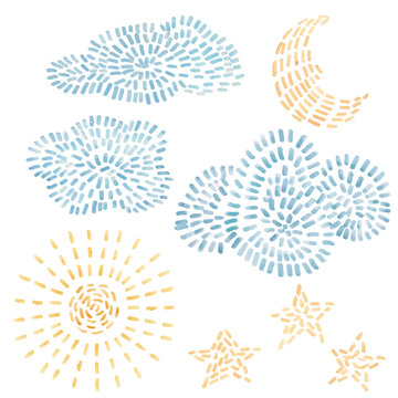 Watercolor vector set with sky, clouds, stars, moon and sun in cute baby stitch embroidery style. Ready clip art.