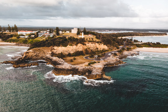 Drone photo of the rocky coast of Clarence Head at Yamba, New South Wales