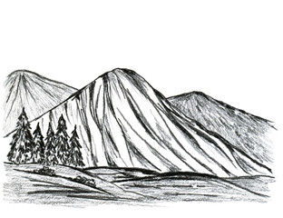 Black-and-white mountain landscape, drawn with charcoal pencil. Wildlife, rocks, peak, spruce trees for tourist decor, cards, albums.