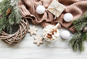 Christmas composition with cookies and hot chocolate