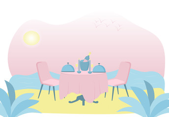 Flat illustration of romantic dinner on the beach. Sea, sand, moon, palm, table, wine, tray, chair, candle, glasses. Pink and blue colors. No one. Cozy romantic atmosphere of nature. Vector 