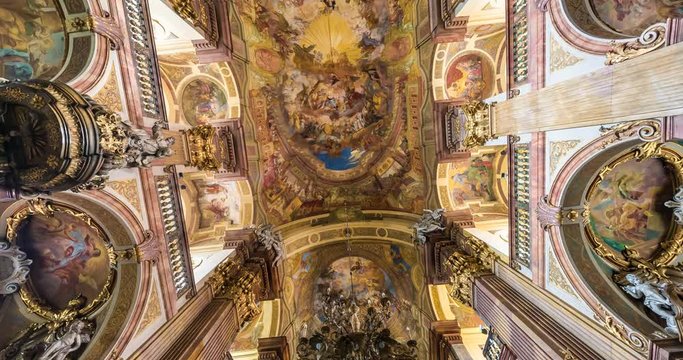 rotate, spinning and torsion of interior view and Looking up into baroque church Dome