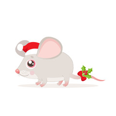 Cute And Funny Mouse In Santa Hat For Christmas Vector Illustration On A White Background. Cartoon Christmas Animal. Year Of The Rat. New Year Coming Soon.