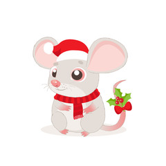Cute And Funny Mouse In Santa Hat For Christmas Sitting And Smiling Vector Illustration. On A White Background. Cartoon Christmas Animal. Year Of The Rat.