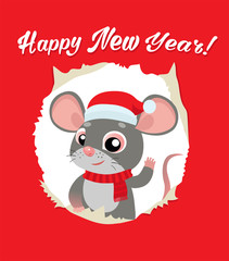 Fototapeta na wymiar Rat Is A Symbol Of Chinese New Year 2020. Funny Cartoon Mouse In The Hat Of Santa Claus. Red Greeting Card For Winter Celebrations. Funny Rat Looking Out Of Hole In Paper Card Vector Illustration.