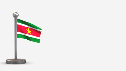 Suriname 3D waving flag illustration on tiny flagpole.