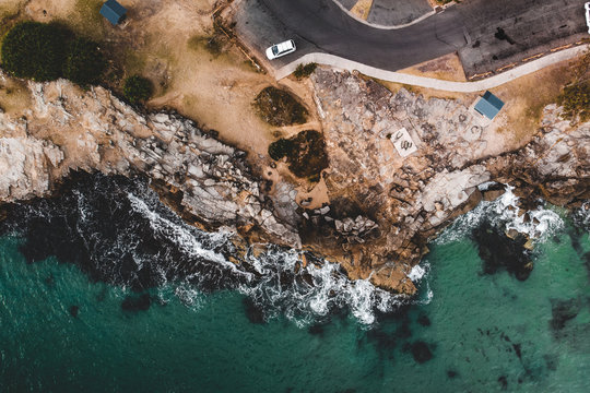 Drone photo of the rocky coast of Clarence Head at Yamba, New South Wales