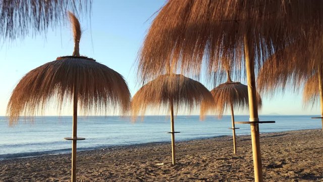 Gimbal shot of parasols on marbella beach at sunrise, holiday vacation dynamic footage
