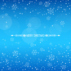 Christmas winter blue background with falling snow and snowflakes. Divider with text Merry Christmas. Vector Illustration.