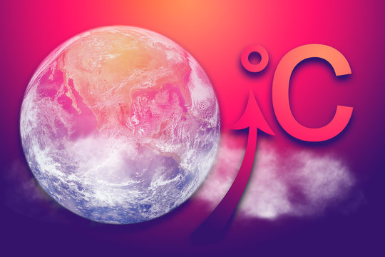 concept about global warming. wallpaper with earth and an arrow indicating the rise of global temperature