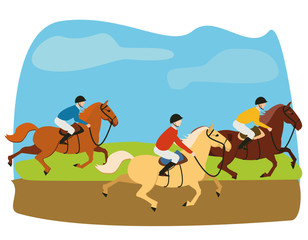 Equestrian, derby sport flat hand drawn color vector illustration. Stallion. Equestrianism. Racehorse hand drawn clipart. Horse racing competition.Professional jockeys, riders. Hippodrome, isolated