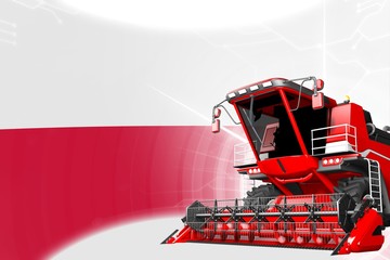 Obraz na płótnie Canvas Agriculture innovation concept, red advanced grain combine harvester on Poland flag - digital industrial 3D illustration