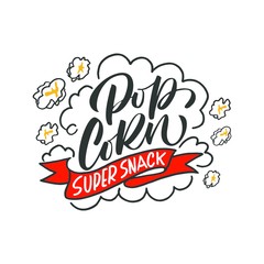 Popcorn text label with popping. Hand drawn typography sign.
