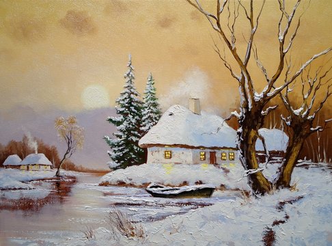 Oil paintings winter landscape, old village in Ukraine. Fine art, artwork, old wooden house