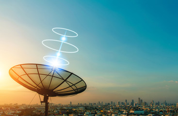 A satellite dish above the city