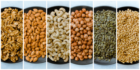 Collage of different kinds of nuts. Cashew, hazelnut, almond, walnut,  cedar.