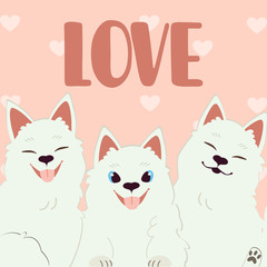 The character of cute samoyed dog and friend in pinkbackground with a pattern of heart.the cute samoyed dog smiling in the frame with text of love.They look happy.The samoyed god in flat vector style.