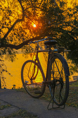 Fototapeta premium Sun rise or sunset view on lake side between cycle 