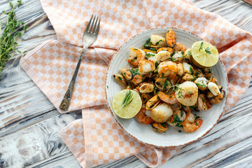 seafood.  scallops, shrimp and mussels