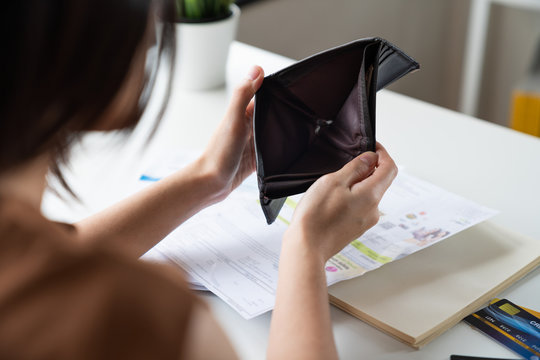 Stressed Young Asian Women Have Problem Financial Sitting Open Wallet No Money To Pay Credit Card Bill Debt