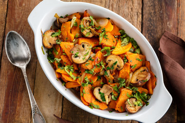 baked pumpkin with mushrooms