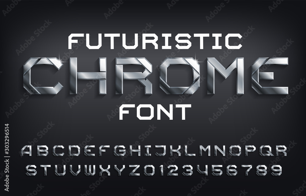 Fototapete futuristic chrome alphabet font. metallic letters, numbers and symbols with shadow. stock vector typ