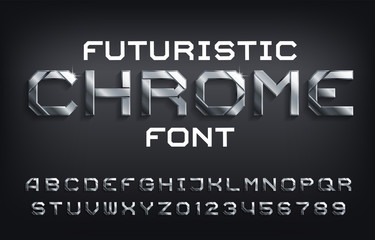 Futuristic Chrome alphabet font. Metallic letters, numbers and symbols with shadow. Stock vector typescript for your design.