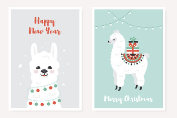 Merry Christmas greeting posters set. Cute Llama with gift boxes and festive decoration. Vector illustration.