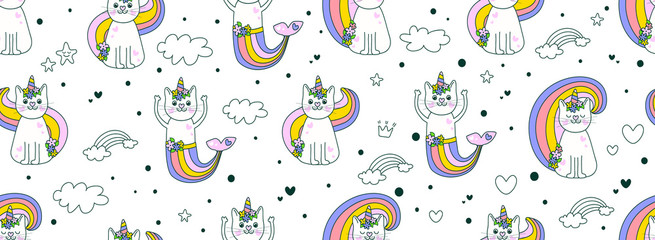 Cute hand drawing seamless pattern background kitty cat Cute Unicorn vector Icons on sweet mint pastel. Cute hipster pattern for children's cloth with unicorn cats