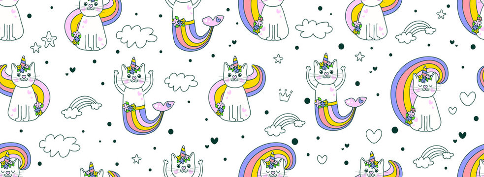 Cute hand drawing seamless pattern background kitty cat Cute Unicorn vector Icons on sweet mint pastel. Cute hipster pattern for children's cloth with unicorn cats