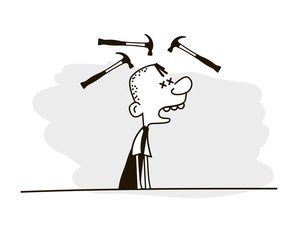 Man getting headache with hammer hitting on his head. headache and migraine concept. Vector illustration