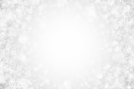 Winter Swirling Snow Effect With Bright White Snowflakes And Lights On Silver Background. Merry Christmas And Happy New Year Holidays Abstract Illustration. Frozen Ice On Window Backdrop