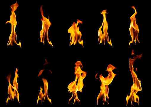Fire collection set of flame burning isolated on dark background for graphic design purpose