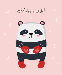 Creative postcard for New 2020 Year with cute panda and winter slogan. Vector cartoon doodle isolated illustration.