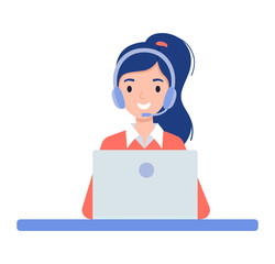 Girl in the headphones. Customer support center via phone. Mail operator service icons concept. Vector illustration in flat style