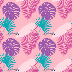 Fototapeta na wymiar Exotic leaf on a pink background. Print summer seamless vector pattern wallpaper in trend colors. 