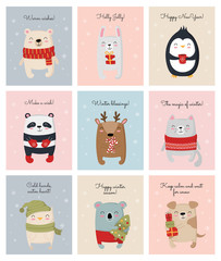 Creative postcard collection for New 2020 Year with cute animals and winter slogan.